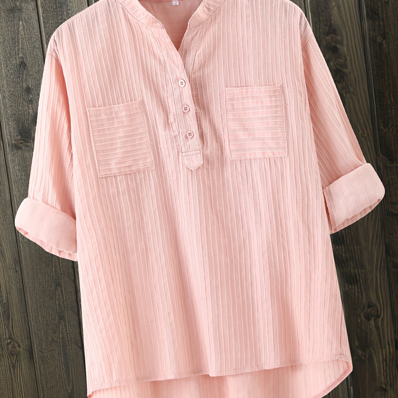 Plus Size Casual Blouse, Women's Plus Solid Ribbed Button Up Long Sleeve V Neck Shirt Top Pale Pinkish Gray