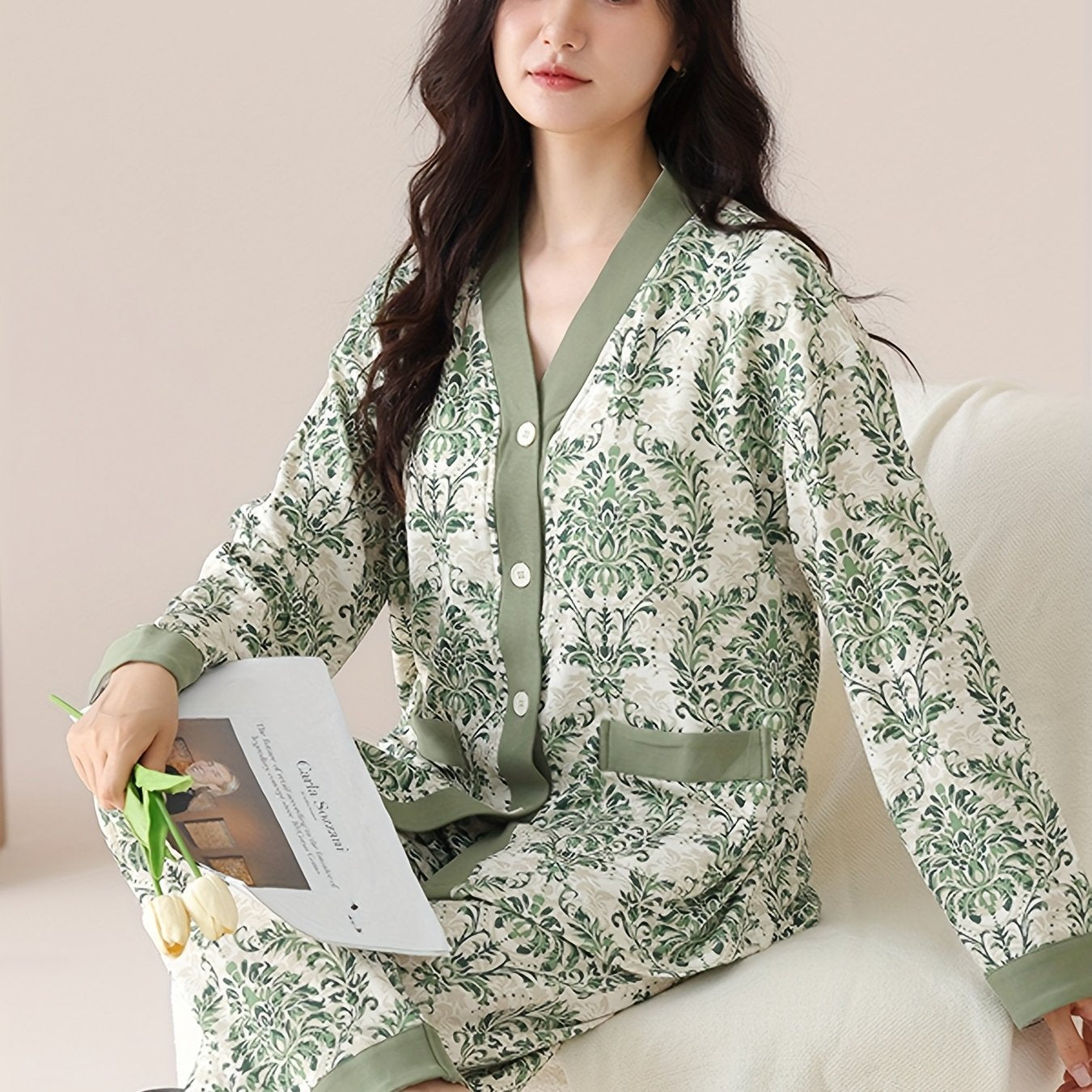 Elegant Womens Floral VNeck Cotton Pajama Set dealsjust