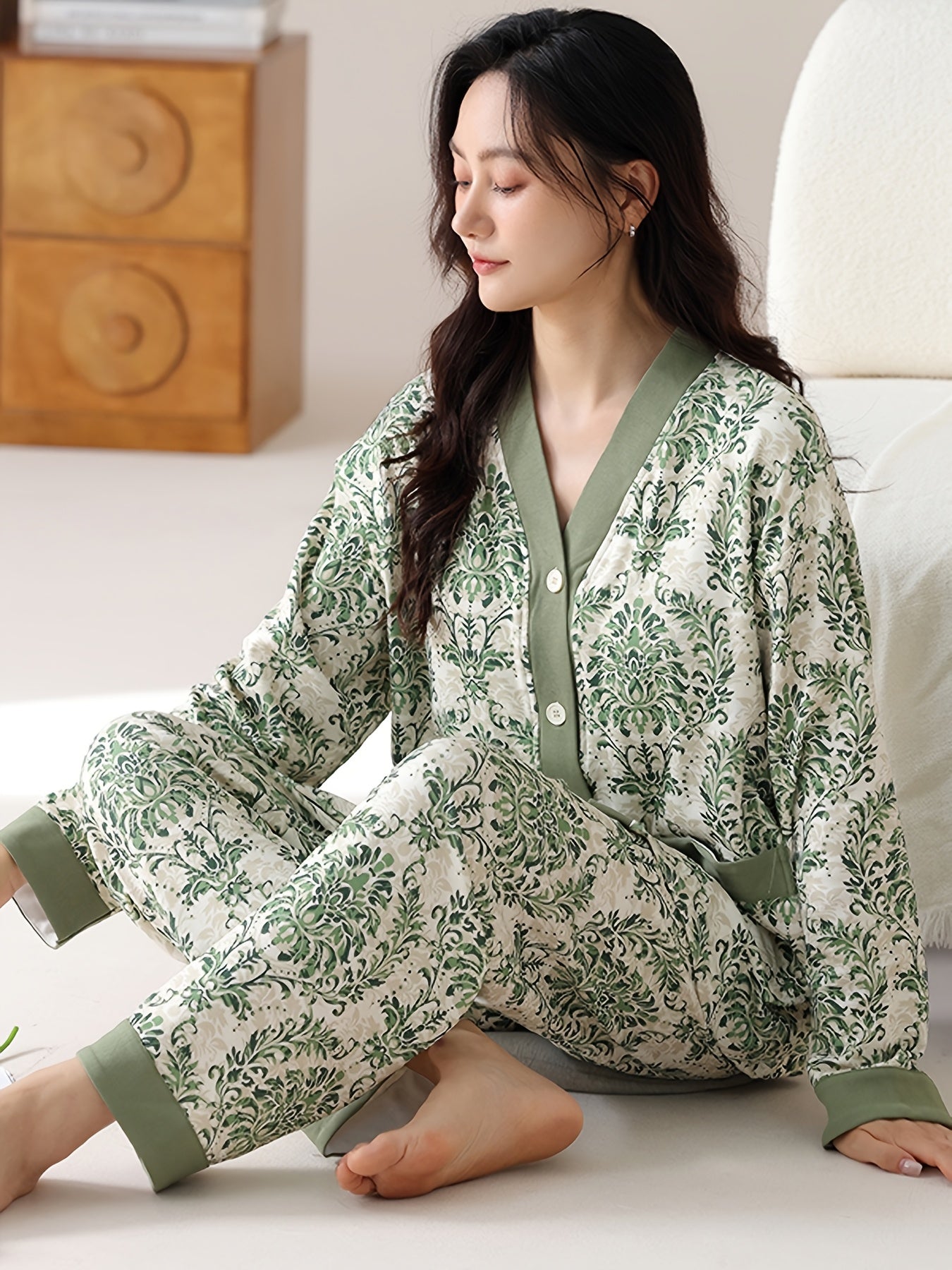 Elegant Womens Floral VNeck Cotton Pajama Set dealsjust