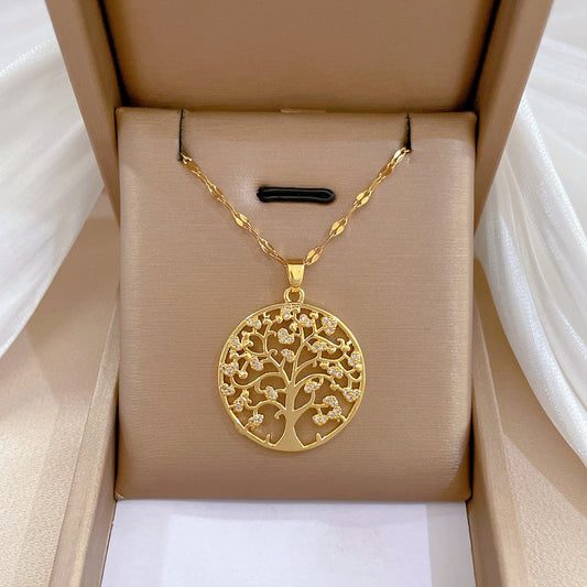 Creative Trendy Elegant Zircon Tree Of Life Pendant Necklace Decorative Accessories Holiday Birthday Gift For Girls