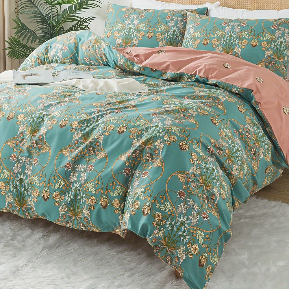 3-Piece Percale Cotton Luxury Duvet Cover Set - Soft, Breathable, Crisp, and Vibrant Floral Pattern - Queen/King Size, White, Green, Yellow, Botanical, Red, Pink, Paisley, Teal Blue Boho Design, Comforter Cover, Super Soft College Bedding, Ideal Women's G dealsjust