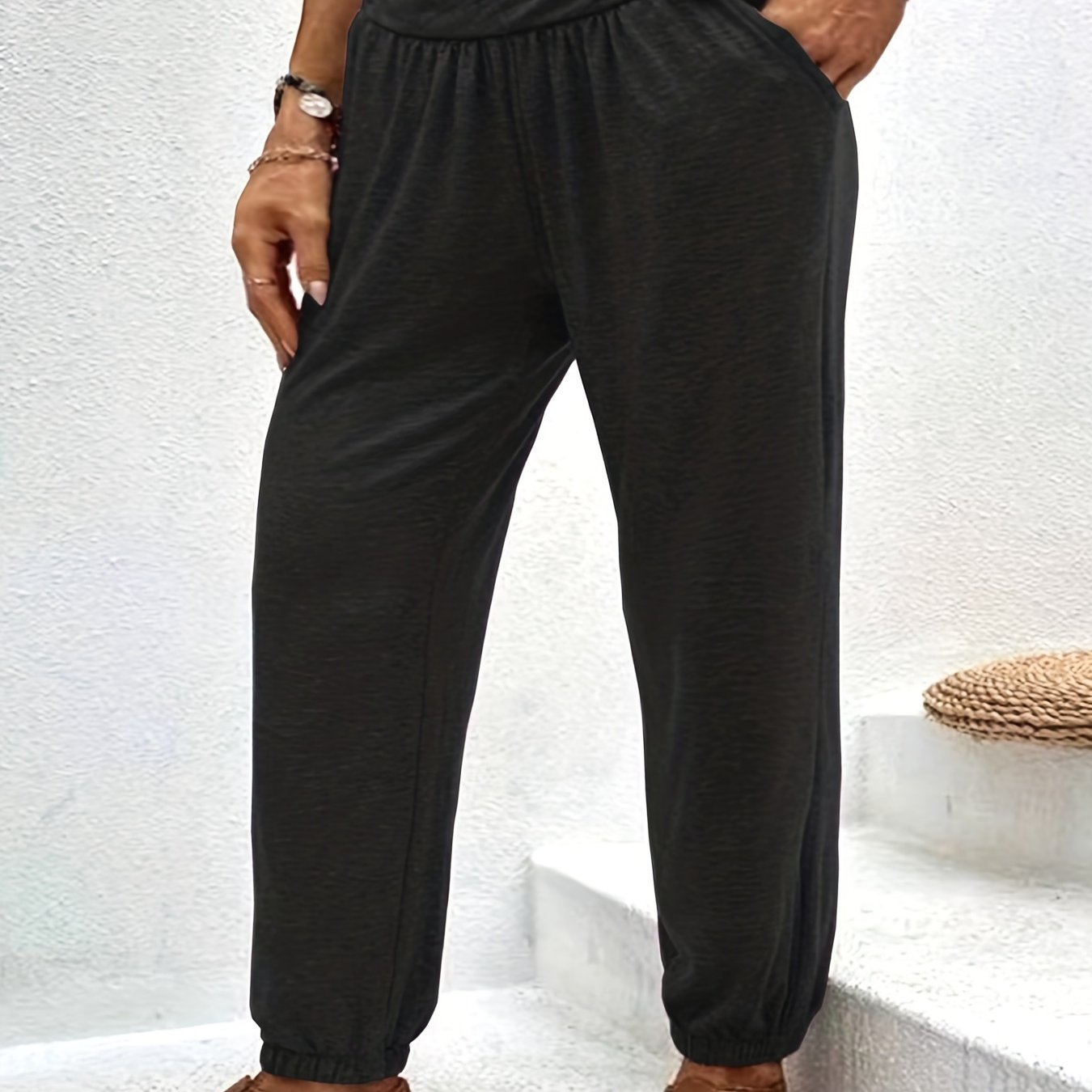Plus Size Sporty Pants, Women's Plus Solid Tummy Control Slight Stretch Jogger Trousers With Pockets black