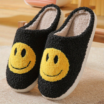 Women's Kawaii Smile Face Design Slippers, Warm Slip On Plush Lined Shoes, Women's Indoor Home Slippers