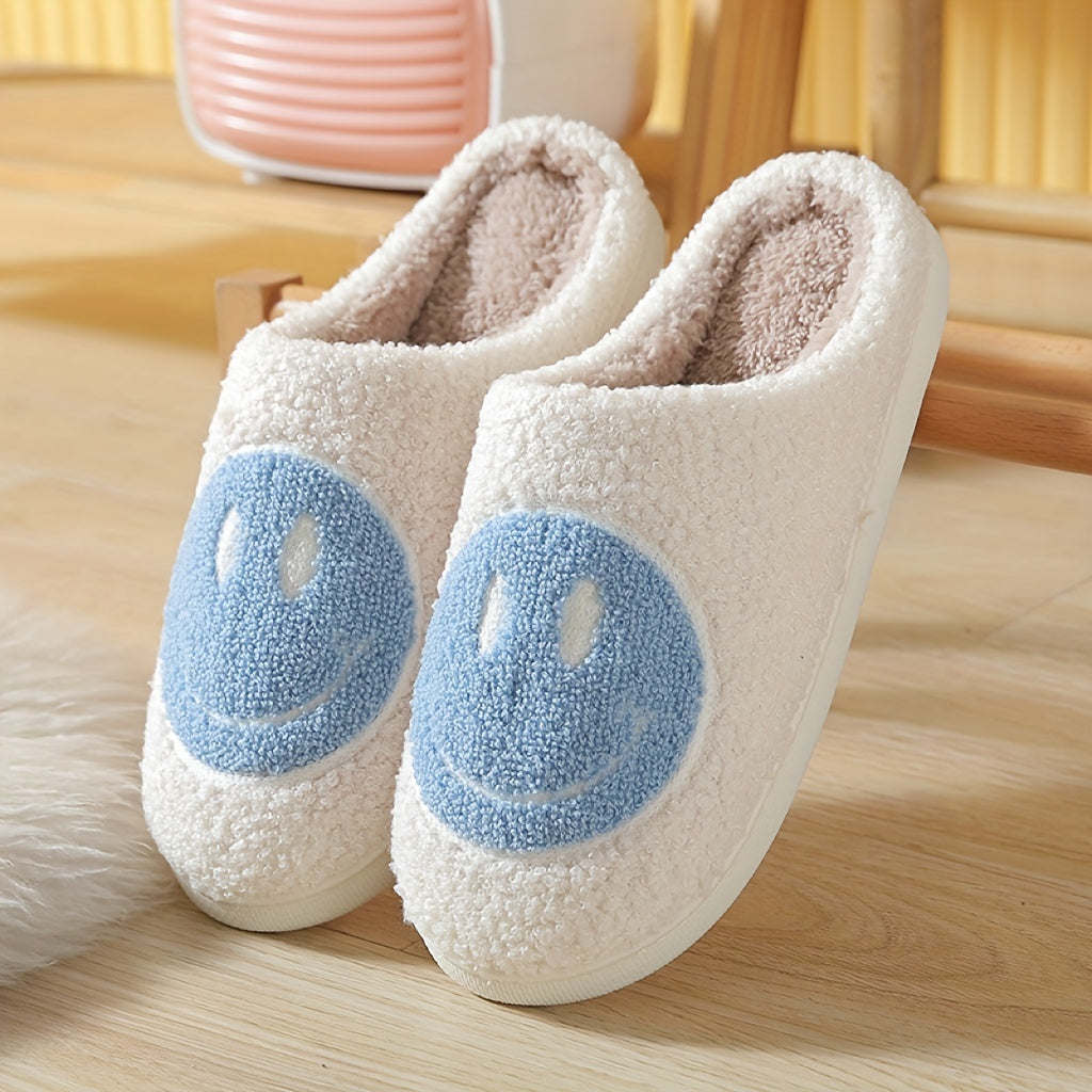 Women's Kawaii Smile Face Design Slippers, Warm Slip On Plush Lined Shoes, Women's Indoor Home Slippers