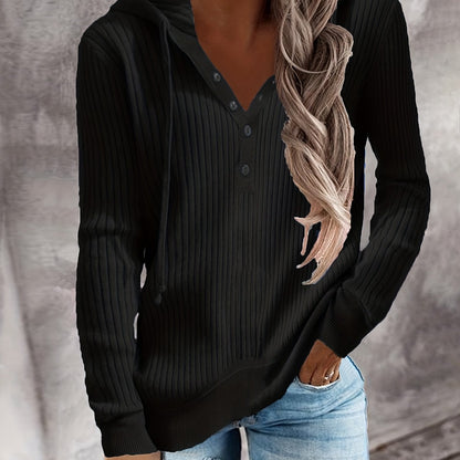 Plus Size Casual Coat, Women's Plus Solid Ribbed Long Sleeve Drawstring Hoodie Button Up Coat black