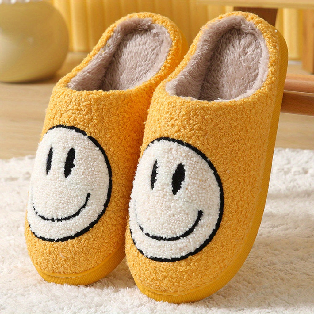 Women's Kawaii Smile Face Design Slippers, Warm Slip On Plush Lined Shoes, Women's Indoor Home Slippers