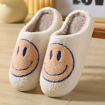 Women's Kawaii Smile Face Design Slippers, Warm Slip On Plush Lined Shoes, Women's Indoor Home Slippers