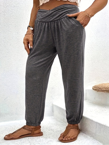 Plus Size Sporty Pants, Women's Plus Solid Tummy Control Slight Stretch Jogger Trousers With Pockets