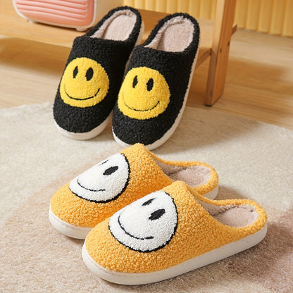 Women's Kawaii Smile Face Design Slippers, Warm Slip On Plush Lined Shoes, Women's Indoor Home Slippers