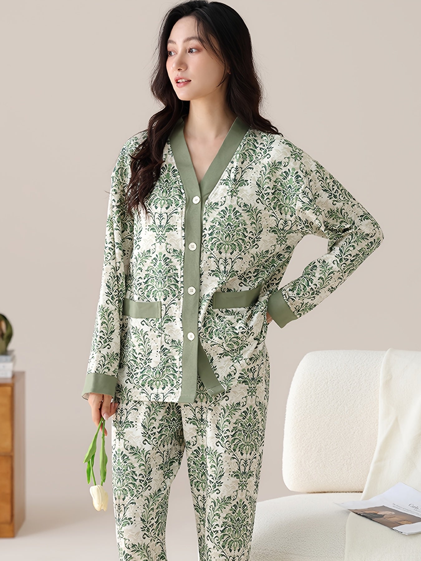 Elegant Womens Floral VNeck Cotton Pajama Set dealsjust