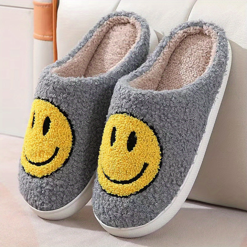 Women's Kawaii Smile Face Design Slippers, Warm Slip On Plush Lined Shoes, Women's Indoor Home Slippers