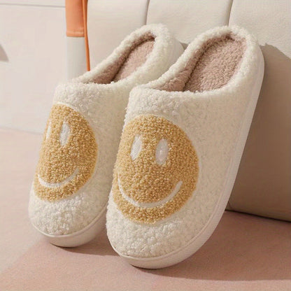 Women's Kawaii Smile Face Design Slippers, Warm Slip On Plush Lined Shoes, Women's Indoor Home Slippers