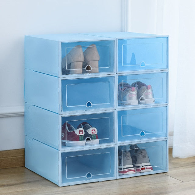 6Packs Transparent shoe box shoes organizers plastic thickened foldable Dustproof storage box combined shoe cabinet clearance M 12.2X8.3X4.9 in CA-CBLUE6