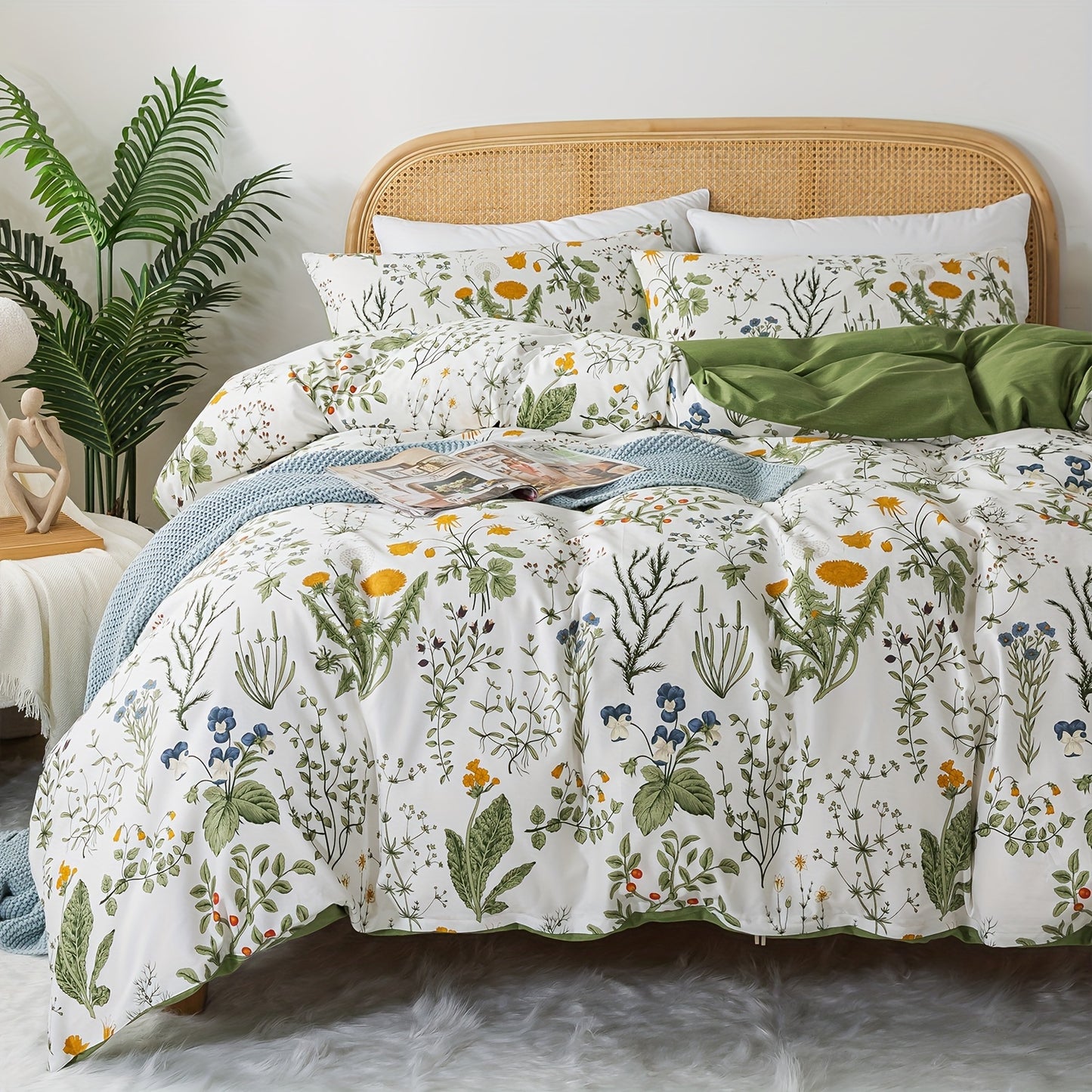 3-Piece Percale Cotton Luxury Duvet Cover Set - Soft, Breathable, Crisp, and Vibrant Floral Pattern - Queen/King Size, White, Green, Yellow, Botanical, Red, Pink, Paisley, Teal Blue Boho Design, Comforter Cover, Super Soft College Bedding, Ideal Women's G dealsjust