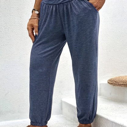 Plus Size Sporty Pants, Women's Plus Solid Tummy Control Slight Stretch Jogger Trousers With Pockets Blue