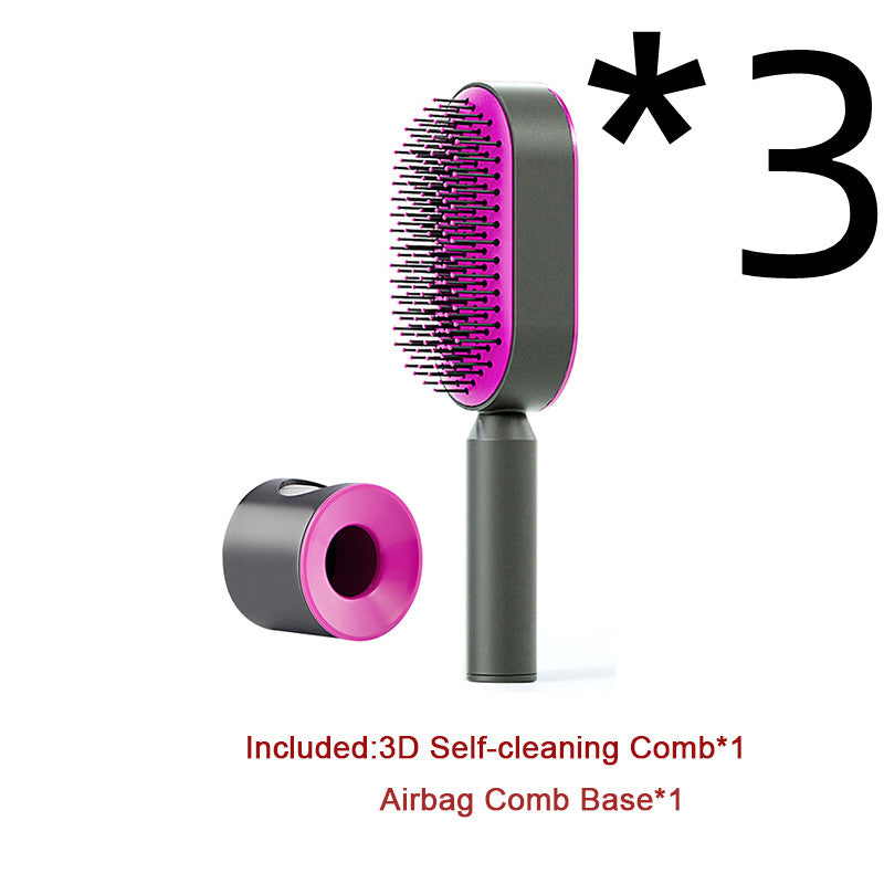 Self Cleaning Hair Brush For Women One-key Cleaning Hair Loss Airbag Massage Scalp Comb Anti-Static Hairbrush 3pcs Set C