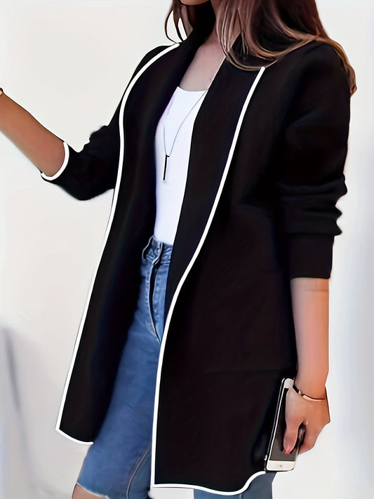 Plus Size Casual Blazer, Women's Plus Colorblock Contrast Trim Long Sleeve Shawl Collar Slight Stretch Blazer