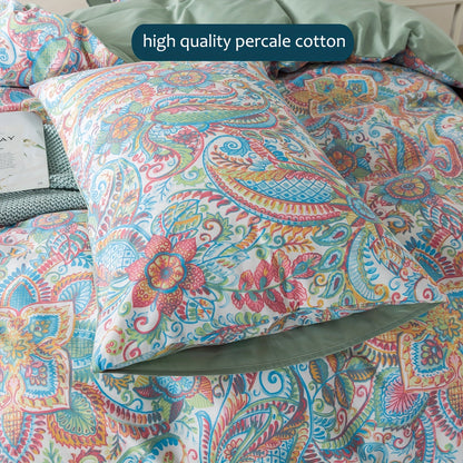 3-Piece Percale Cotton Luxury Duvet Cover Set - Soft, Breathable, Crisp, and Vibrant Floral Pattern - Queen/King Size, White, Green, Yellow, Botanical, Red, Pink, Paisley, Teal Blue Boho Design, Comforter Cover, Super Soft College Bedding, Ideal Women's G dealsjust