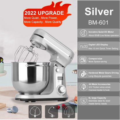 BioloMix Kitchen Food Stand Mixer, Blender, Quiet Motor, Cream Egg Whisk, Whip Dough Kneader, 6-Speed, 1200 W, 6 L, DC 6L Silver BM-601