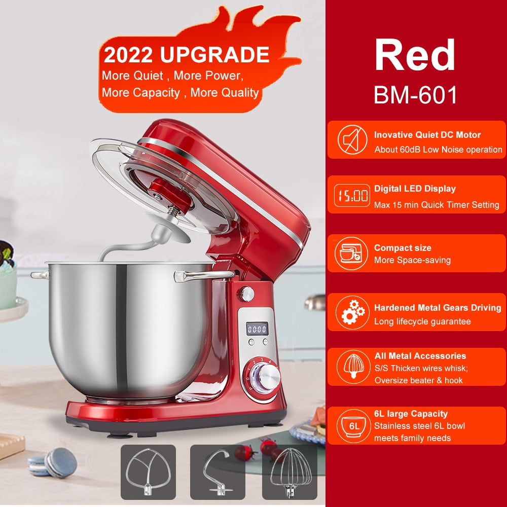 BioloMix Kitchen Food Stand Mixer, Blender, Quiet Motor, Cream Egg Whisk, Whip Dough Kneader, 6-Speed, 1200 W, 6 L, DC 6L Red BM-601