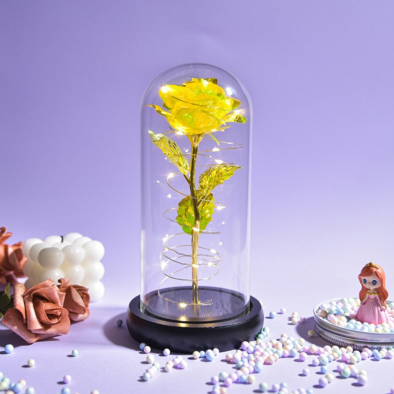 Mothers Day Gifts Beauty and The Beast Preserved Roses In Glass Galaxy Rose LED Light Artificial Flower Gift for Mom Women Girls Black Base-Yellow China
