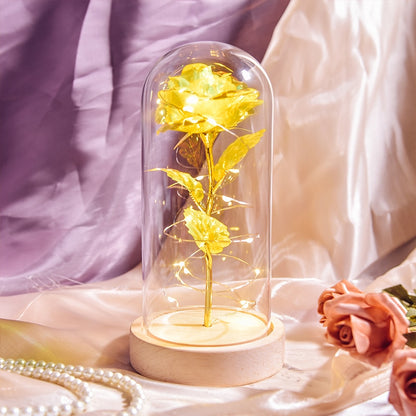Mothers Day Gifts Beauty and The Beast Preserved Roses In Glass Galaxy Rose LED Light Artificial Flower Gift for Mom Women Girls Wood Base-Yellow China