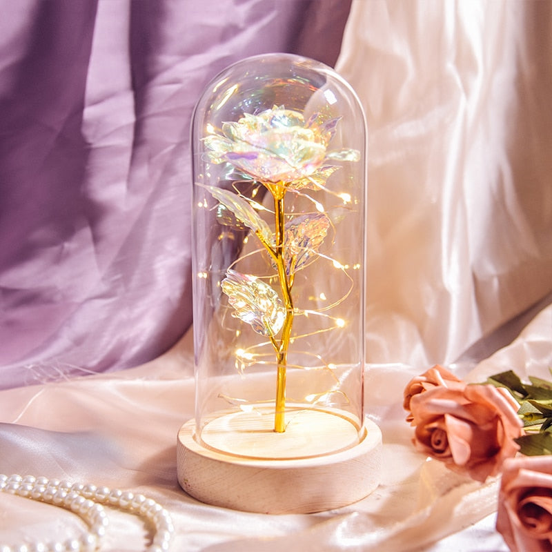 Mothers Day Gifts Beauty and The Beast Preserved Roses In Glass Galaxy Rose LED Light Artificial Flower Gift for Mom Women Girls Wood Base-Galaxy China