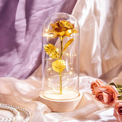 Mothers Day Gifts Beauty and The Beast Preserved Roses In Glass Galaxy Rose LED Light Artificial Flower Gift for Mom Women Girls Wood Base-Gold China