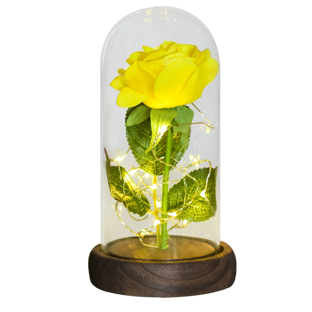 Mothers Day Gifts Beauty and The Beast Preserved Roses In Glass Galaxy Rose LED Light Artificial Flower Gift for Mom Women Girls Silk Rose-Yellow China