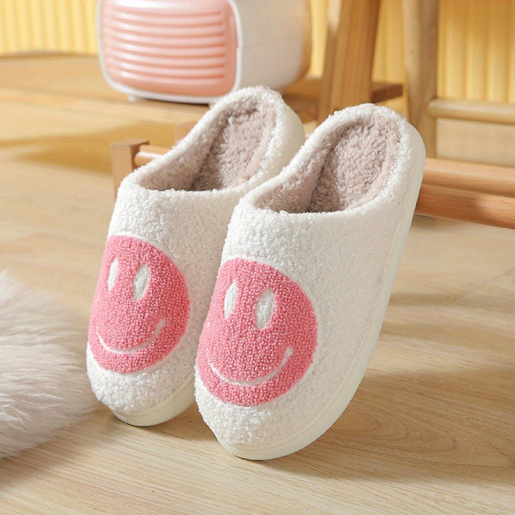 Women's Kawaii Smile Face Design Slippers, Warm Slip On Plush Lined Shoes, Women's Indoor Home Slippers