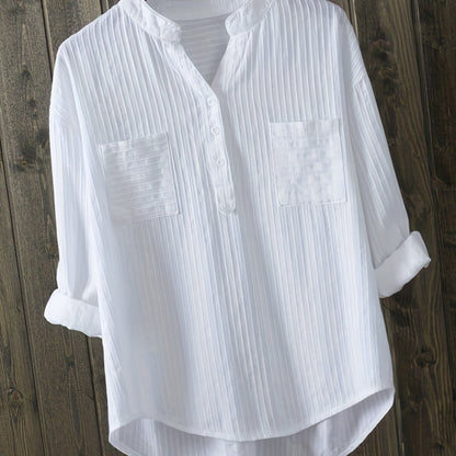 Plus Size Casual Blouse, Women's Plus Solid Ribbed Button Up Long Sleeve V Neck Shirt Top White