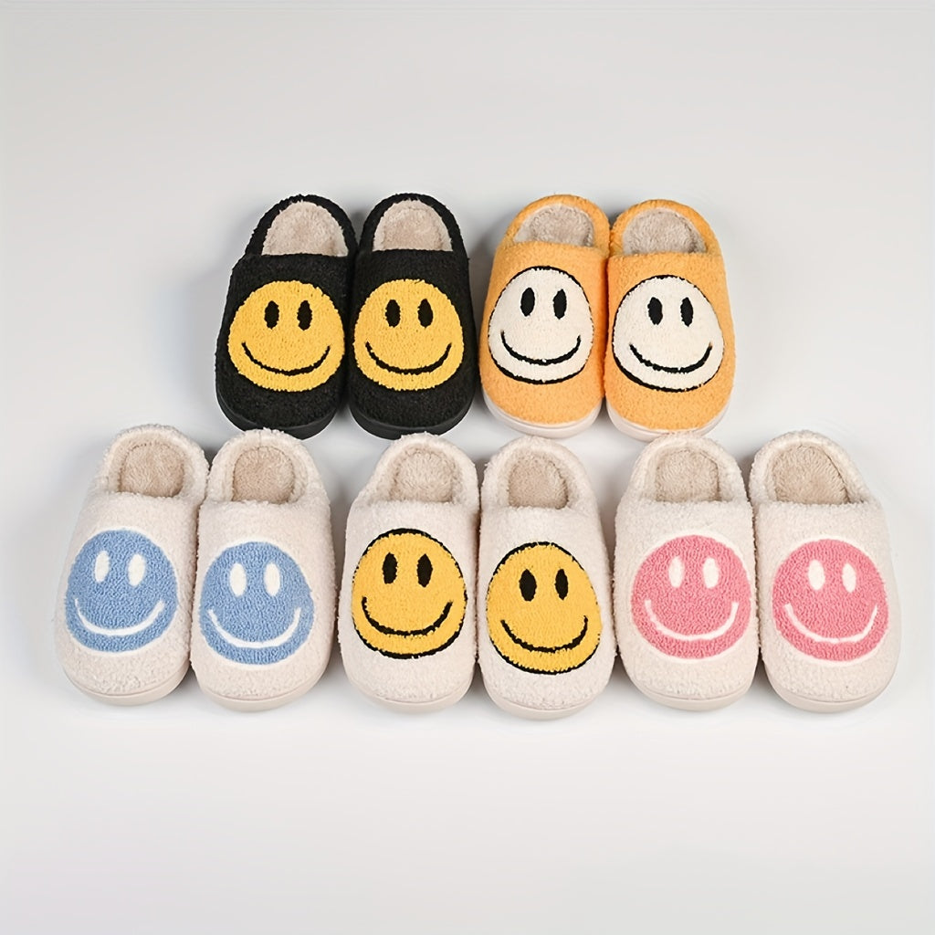 Women's Kawaii Smile Face Design Slippers, Warm Slip On Plush Lined Shoes, Women's Indoor Home Slippers