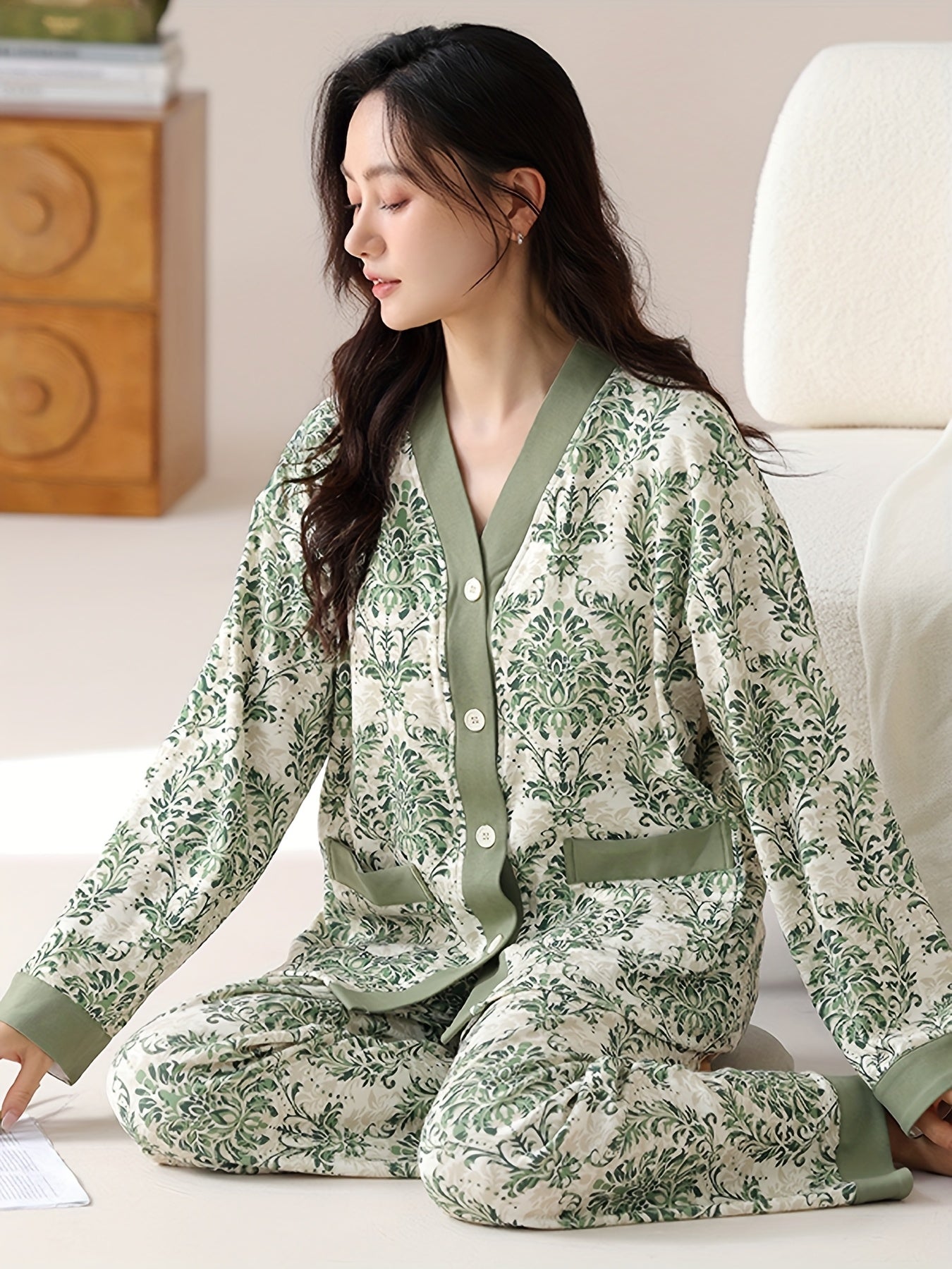 Elegant Womens Floral VNeck Cotton Pajama Set dealsjust