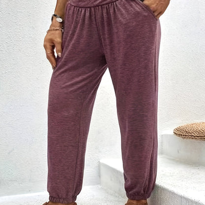 Plus Size Sporty Pants, Women's Plus Solid Tummy Control Slight Stretch Jogger Trousers With Pockets Burgundy