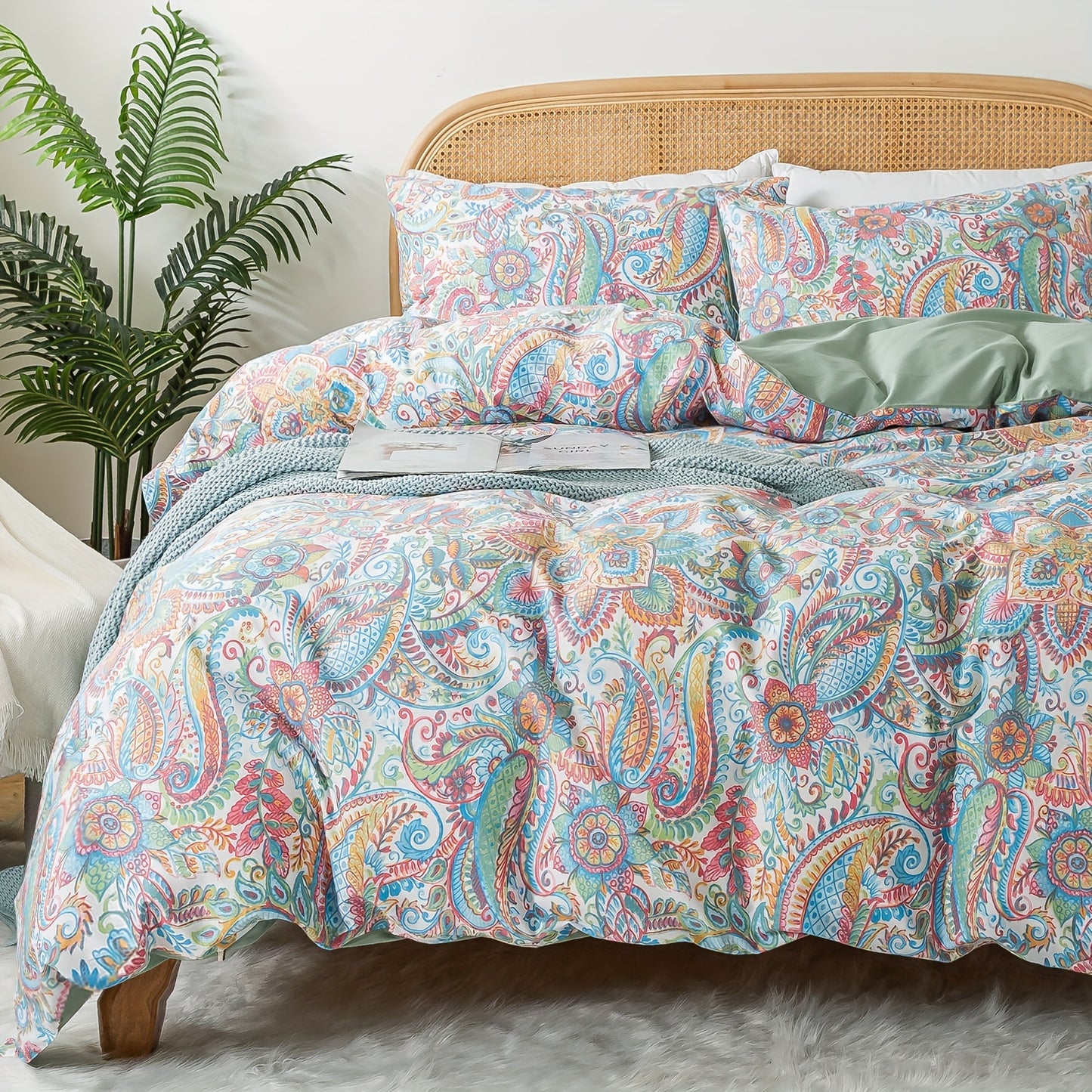 3-Piece Percale Cotton Luxury Duvet Cover Set - Soft, Breathable, Crisp, and Vibrant Floral Pattern - Queen/King Size, White, Green, Yellow, Botanical, Red, Pink, Paisley, Teal Blue Boho Design, Comforter Cover, Super Soft College Bedding, Ideal Women's G dealsjust