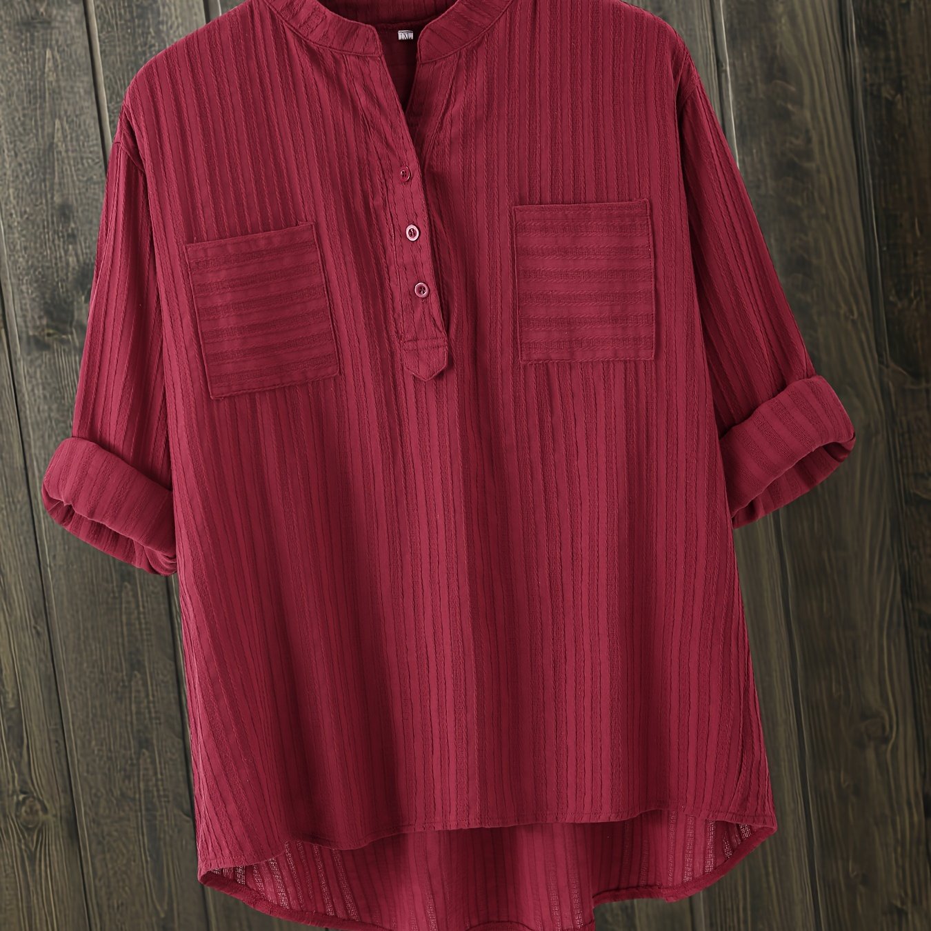 Plus Size Casual Blouse, Women's Plus Solid Ribbed Button Up Long Sleeve V Neck Shirt Top Burgundy