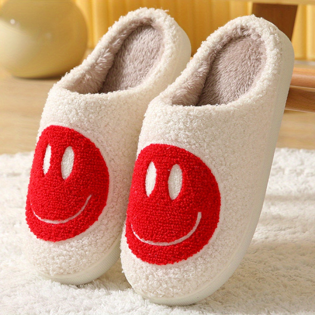 Women's Kawaii Smile Face Design Slippers, Warm Slip On Plush Lined Shoes, Women's Indoor Home Slippers