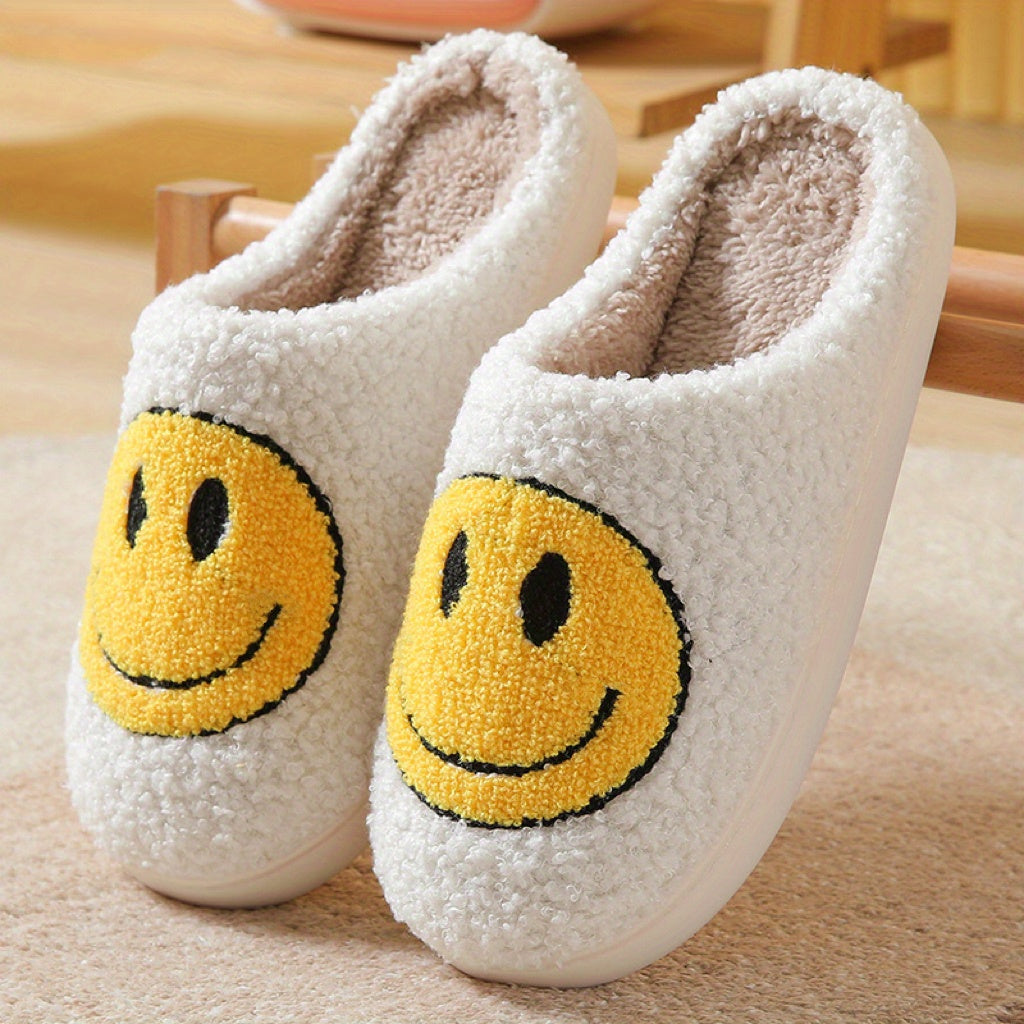 Women's Kawaii Smile Face Design Slippers, Warm Slip On Plush Lined Shoes, Women's Indoor Home Slippers