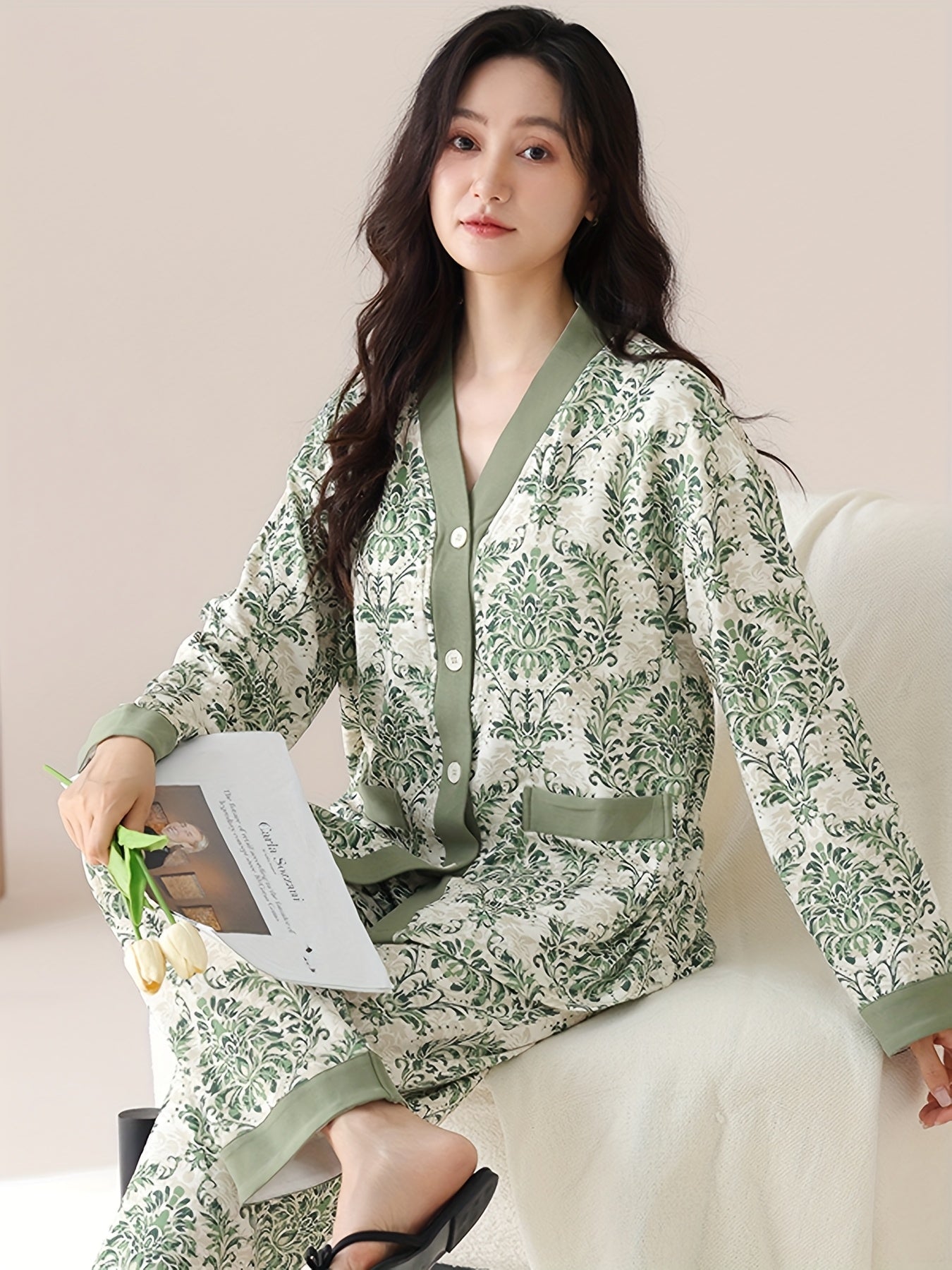 Elegant Womens Floral VNeck Cotton Pajama Set dealsjust