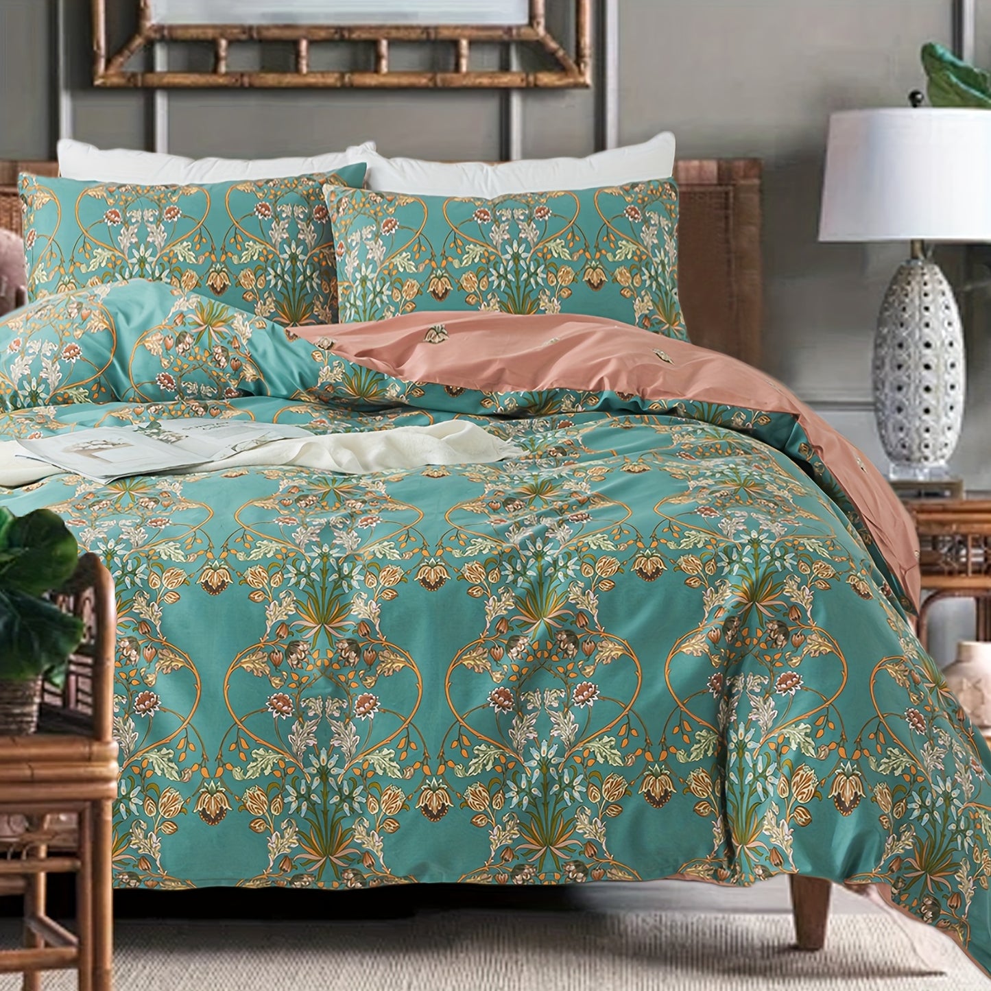 3-Piece Percale Cotton Luxury Duvet Cover Set - Soft, Breathable, Crisp, and Vibrant Floral Pattern - Queen/King Size, White, Green, Yellow, Botanical, Red, Pink, Paisley, Teal Blue Boho Design, Comforter Cover, Super Soft College Bedding, Ideal Women's G dealsjust