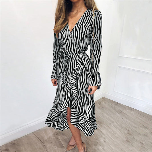 V-neck chiffon print long-sleeved high waist ladies dress